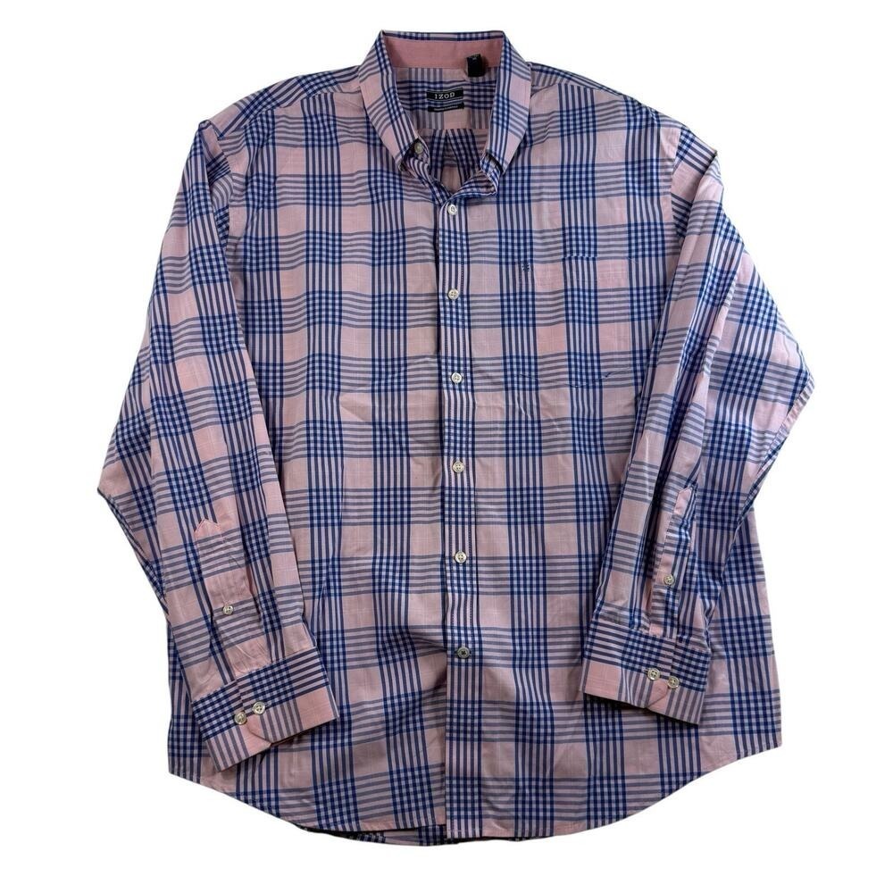 IZOD Mens XL Button Down Shirt Premium Essentials Pink Blue Plaid Cotton‎ Casual